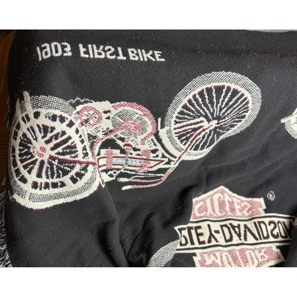 Vintage Harley-Davidson Woven Tapestry Throw Blanket-Motorcycle History Fringe